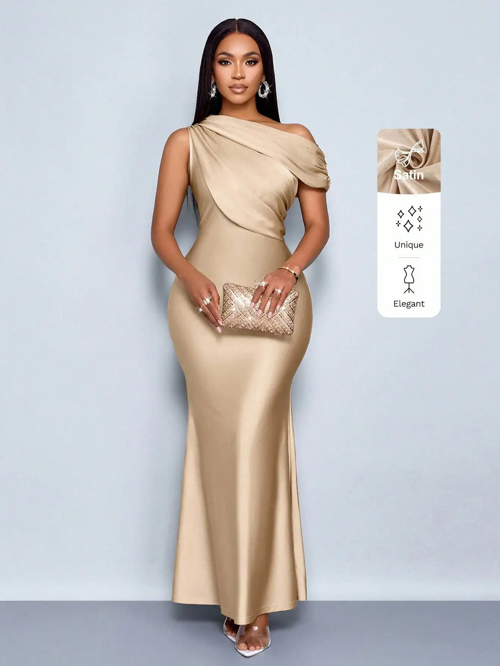 Elegant Apricot Satin Asymmetric Off-Shoulder Sleeveless Fitted Floor-Length Maxi Dress