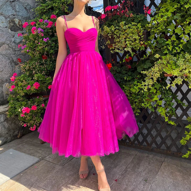 Elegant High Waist Vacation Sling Dress Ladies Fashion Folds Big Hem A-line Dress Mujer Women 2025 Mesh Swing Solid Party Dress