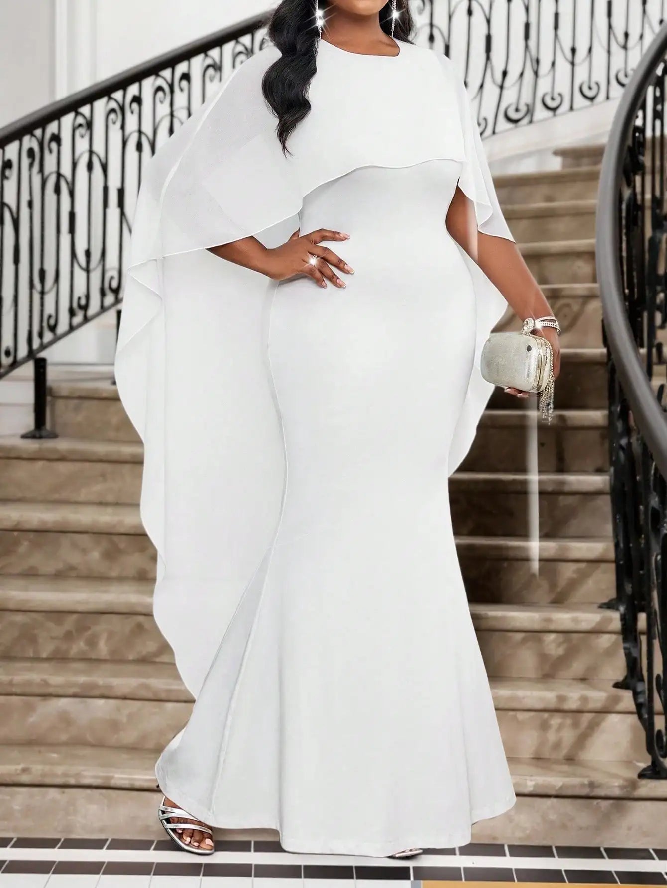 Black Plus Size Evening Dress With Sparkly Cape Sleeve Floor Length Elegant Party Gown