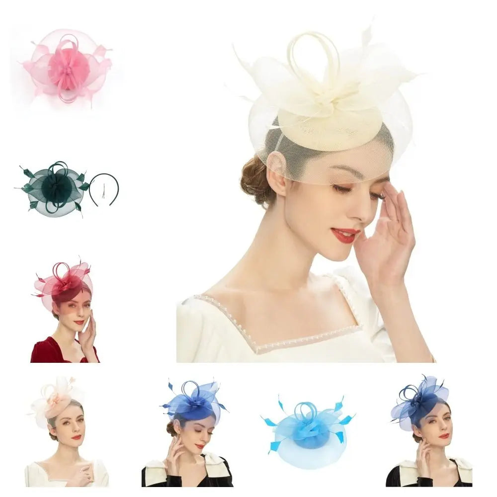 Fashion Feathers Mesh Fascinator Hat Exquisite Sweet Veil Hat Headwear Elegant Hair Hoop Hairbands Dance Show