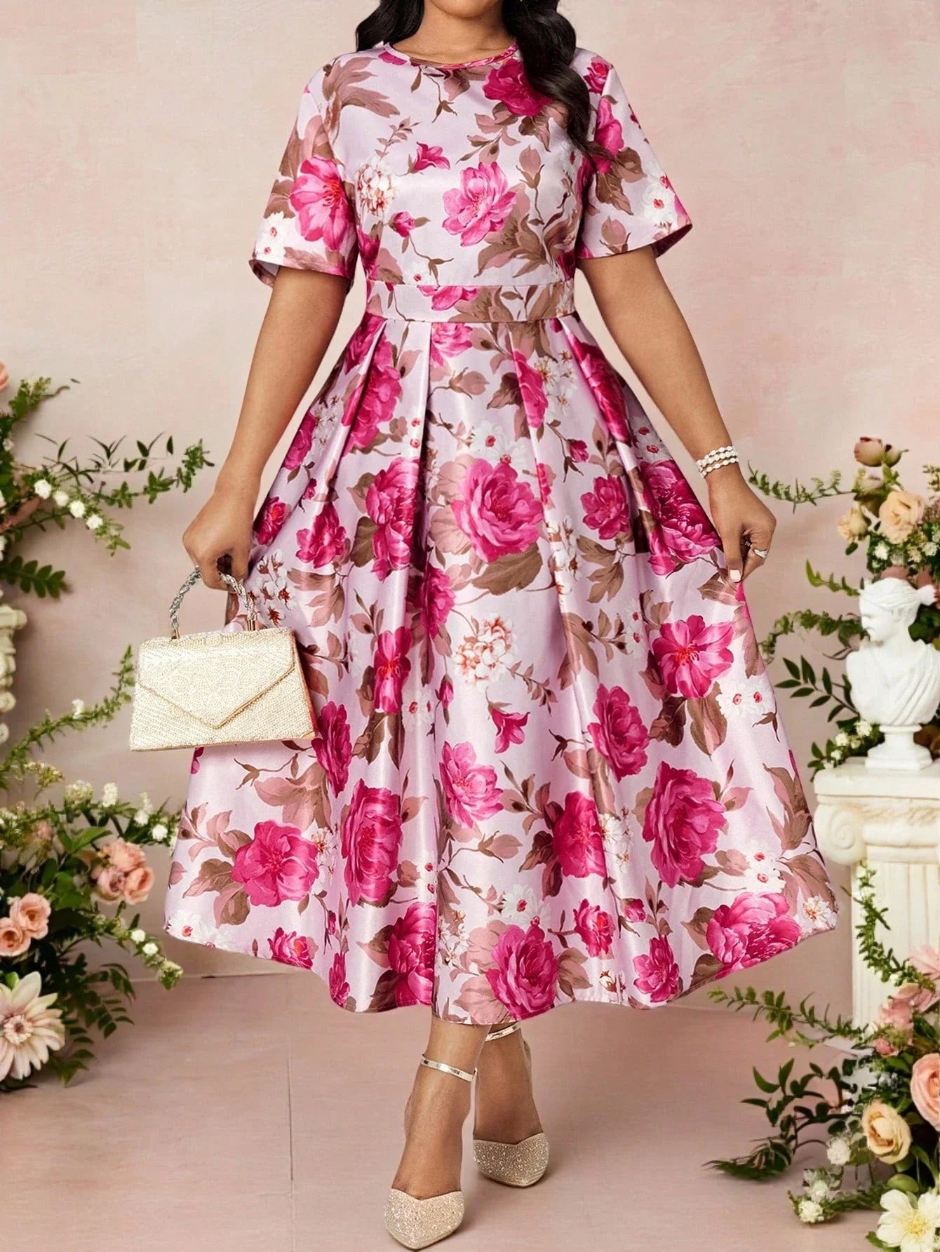 Elegant Floral Print Short Sleeve Pleated A-Line Midi Dress For Women