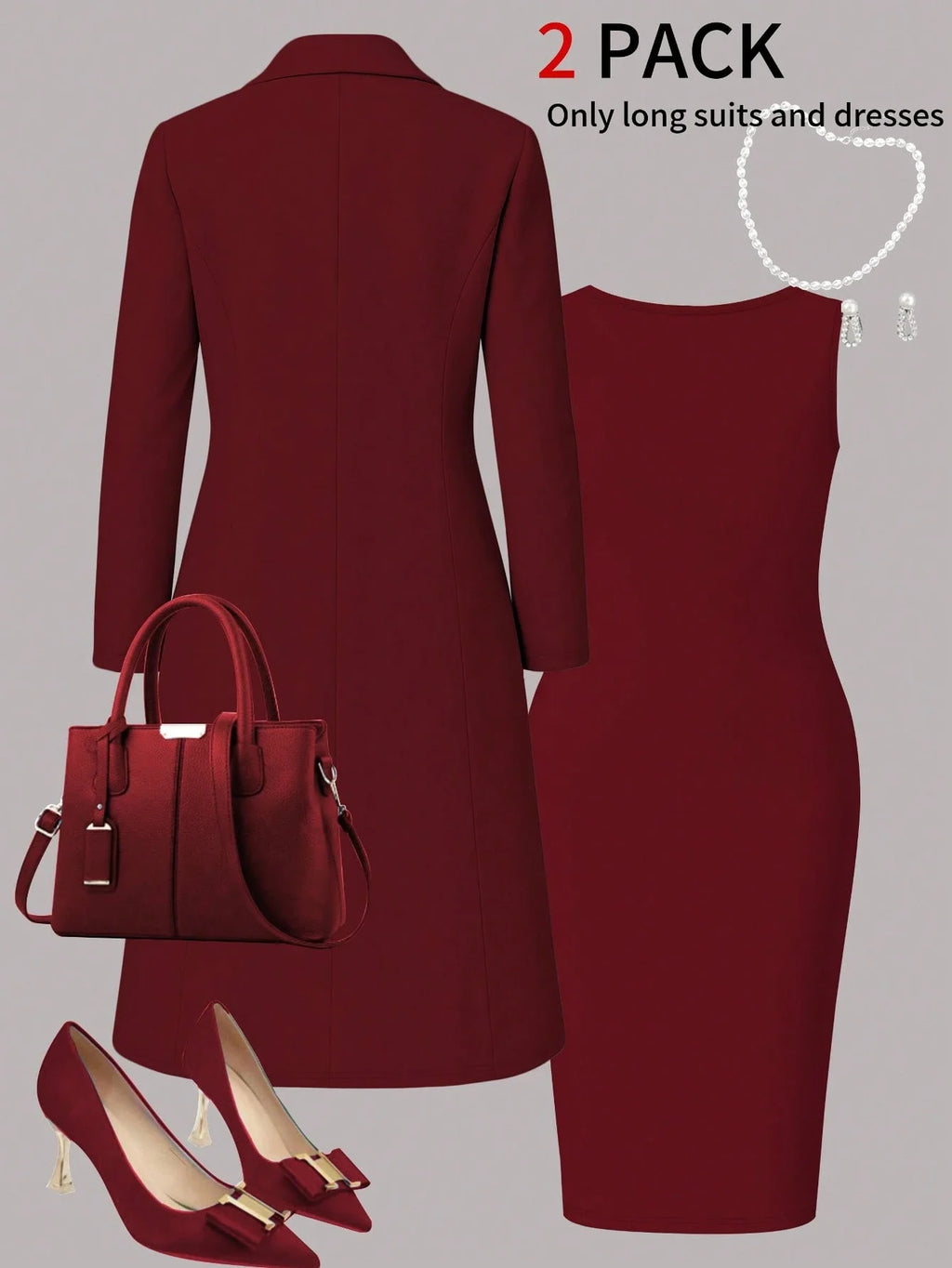 Women's Elegant 2-Piece Set Solid Color Long Sleeve Blazer Jacket And Sleeveless Midi Dress