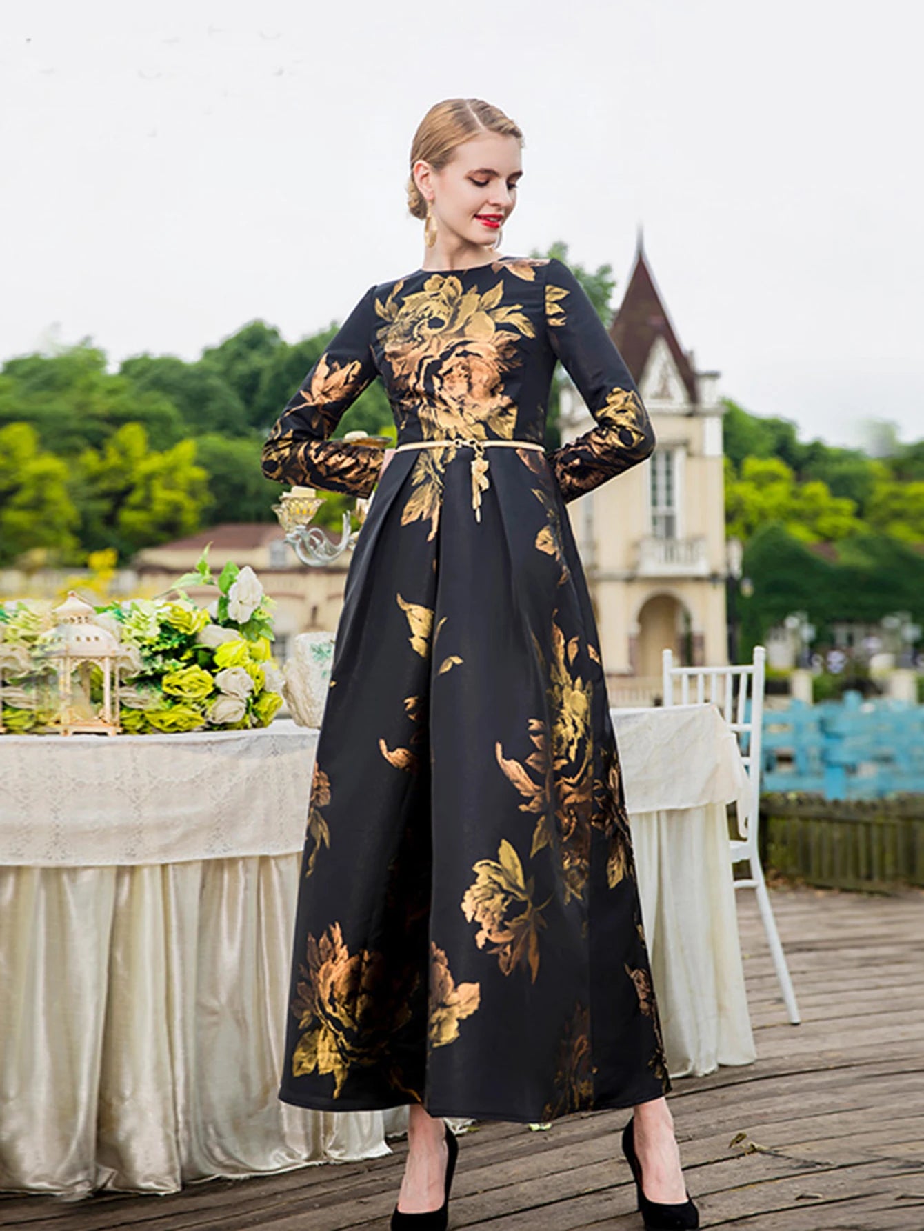 Elegant Female Long Maxi Jacquard Dress Pretty Dresses Women Evening Floral Vintage Ladis Party Fall Winter Clothes