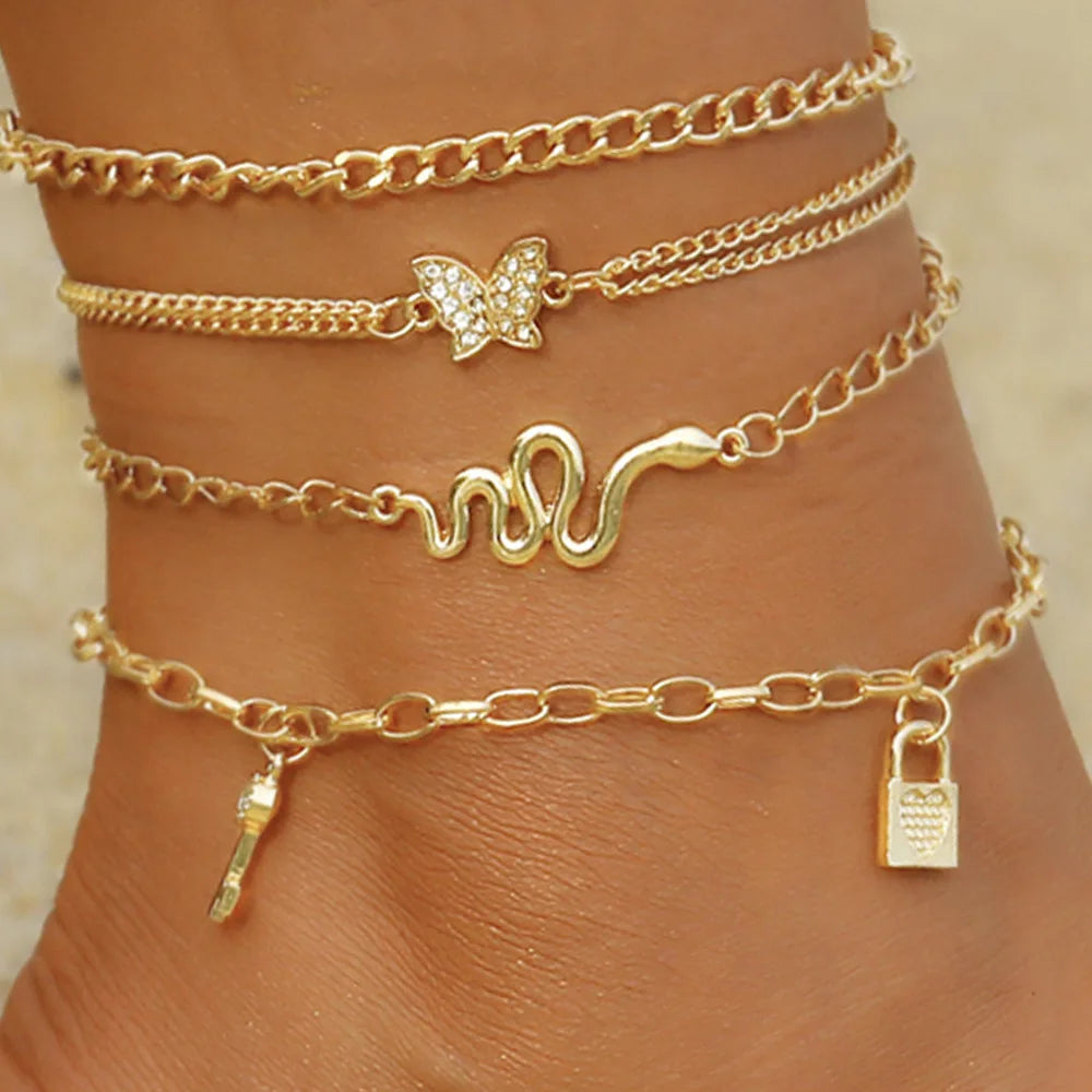 Boho Women Sequins Ankle Bracelet Set Star Moon Lightning Charm Chain On Foot Leg For Female Summer Beach Anklet Jewelry