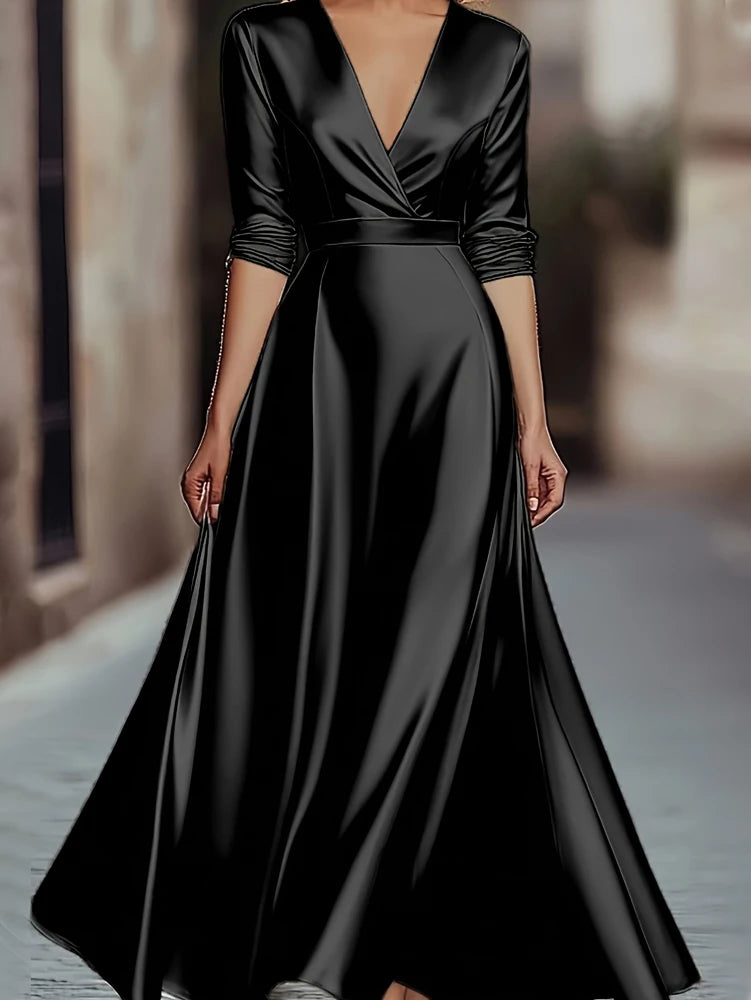 Spring/Autumn Collection: French-inspired Elegance Luxury-feel V-neck Long-sleeved Fitted Waist Dress Evening Gown for Banquets