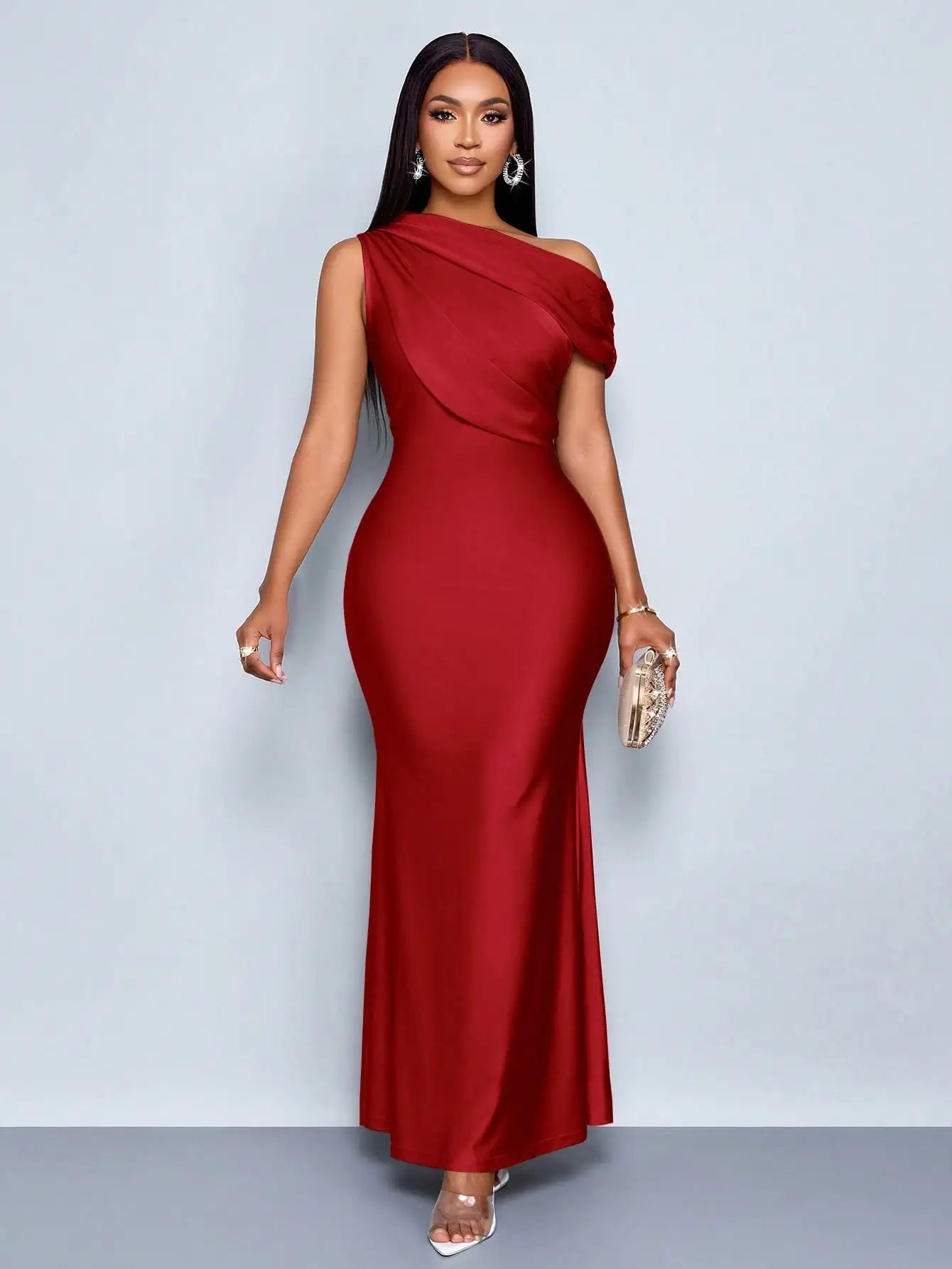 Elegant Apricot Satin Asymmetric Off-Shoulder Sleeveless Fitted Floor-Length Maxi Dress