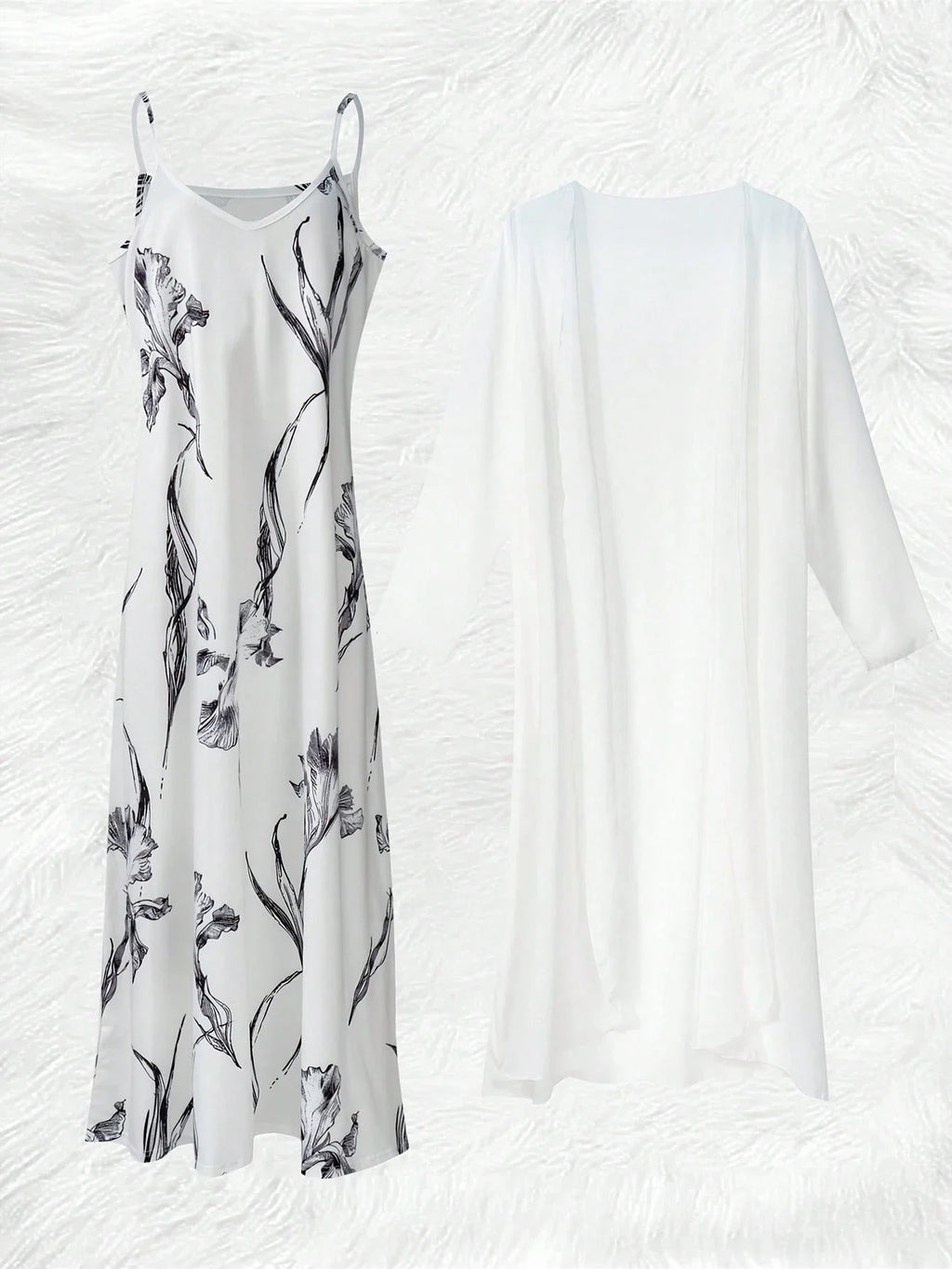 Elegant V-Neck Floral Chiffon Midi Dress With 3/4 Sleeve Cardigan Set White Spring Summer