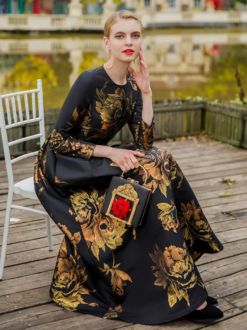 Elegant Female Long Maxi Jacquard Dress Pretty Dresses Women Evening Floral Vintage Ladis Party Fall Winter Clothes