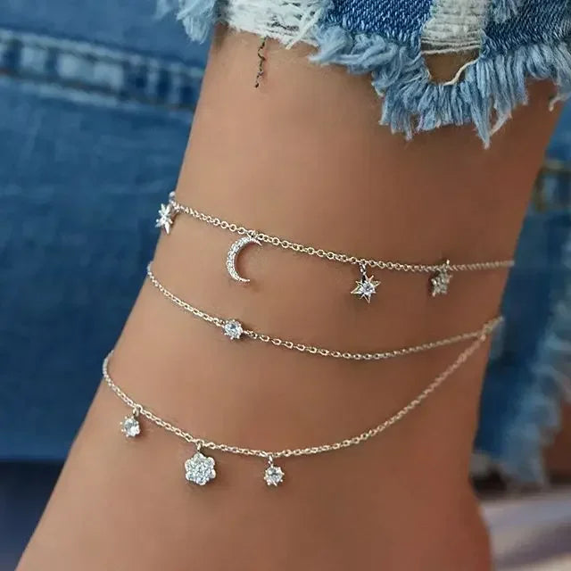 4pcs Set Sexy Fashion Moon and Star Cross Multilayer Anklet for Women Temperament Heart Summer Beach Foot Accessories Jewelry