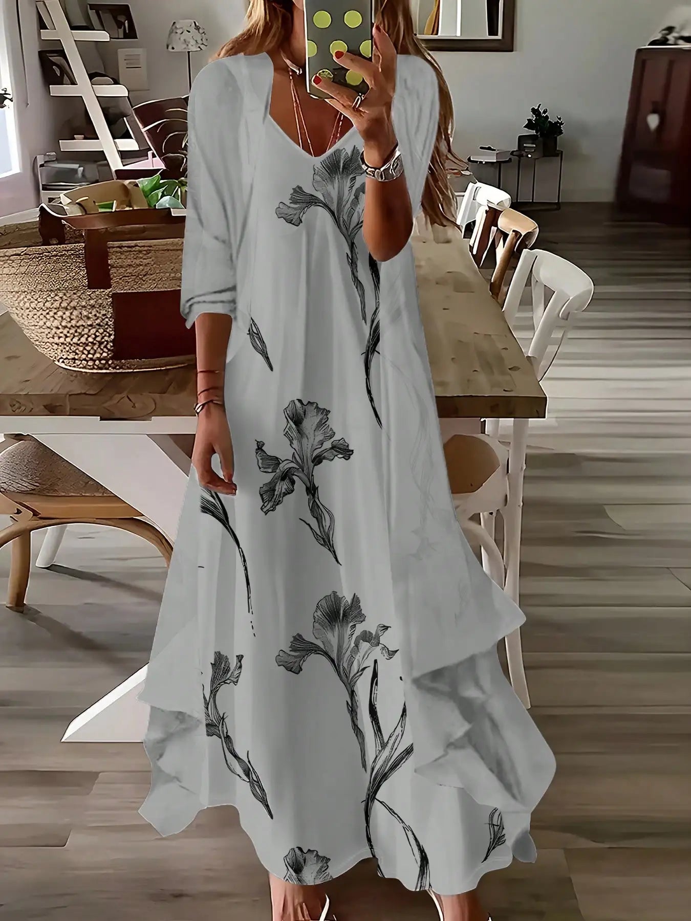 Elegant V-Neck Floral Chiffon Midi Dress With 3/4 Sleeve Cardigan Set White Spring Summer