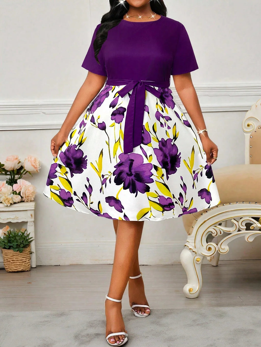 Elegant Floral Print Flared Midi Dress With Belt Short Sleeve Round Neck For Women