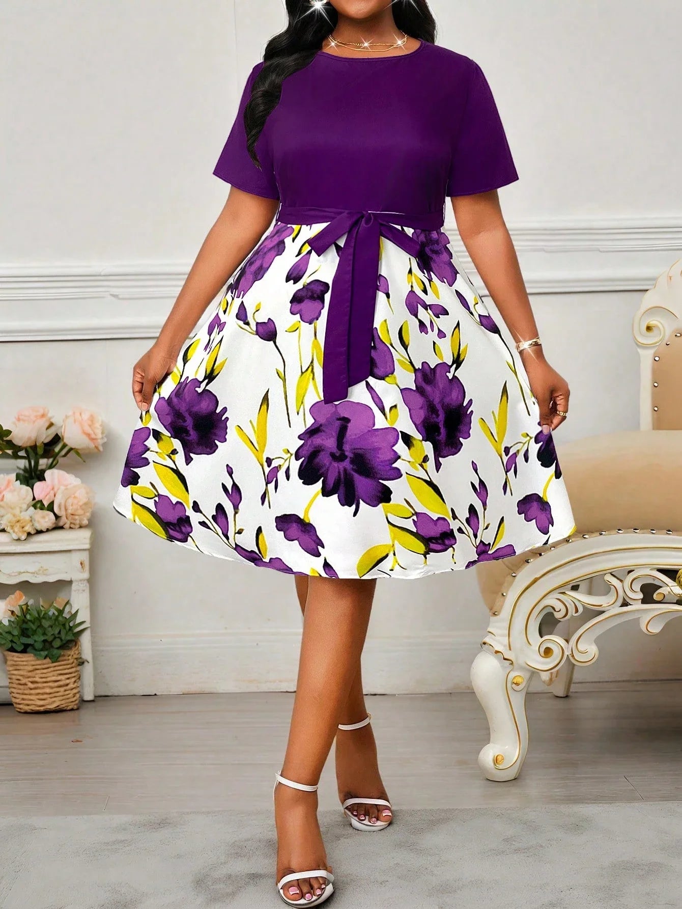 Elegant Floral Print Flared Midi Dress With Belt Short Sleeve Round Neck For Women