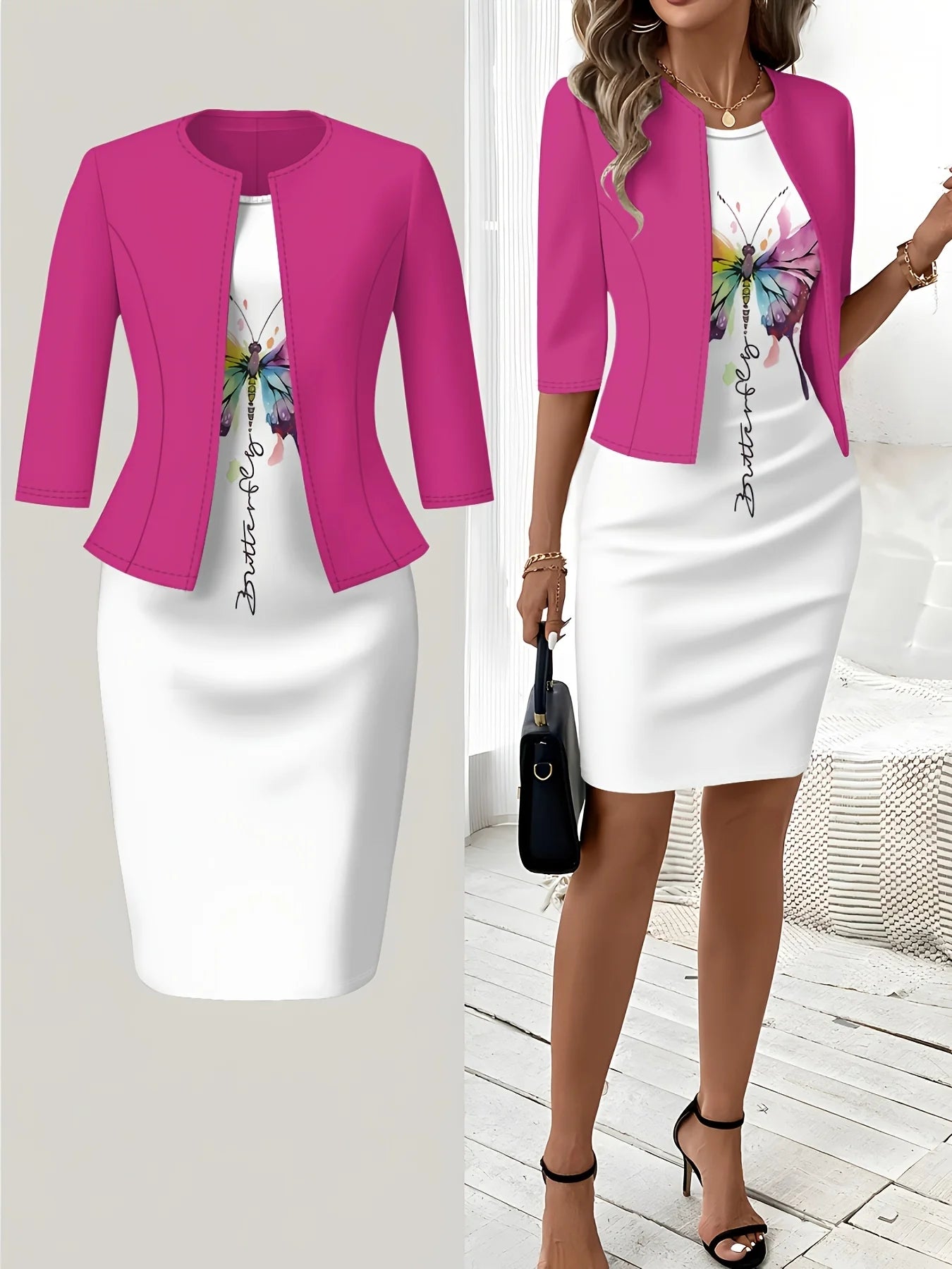 autumn and winter styles Butterfly Print On White Dress vacation style elegant style Round neck dress set