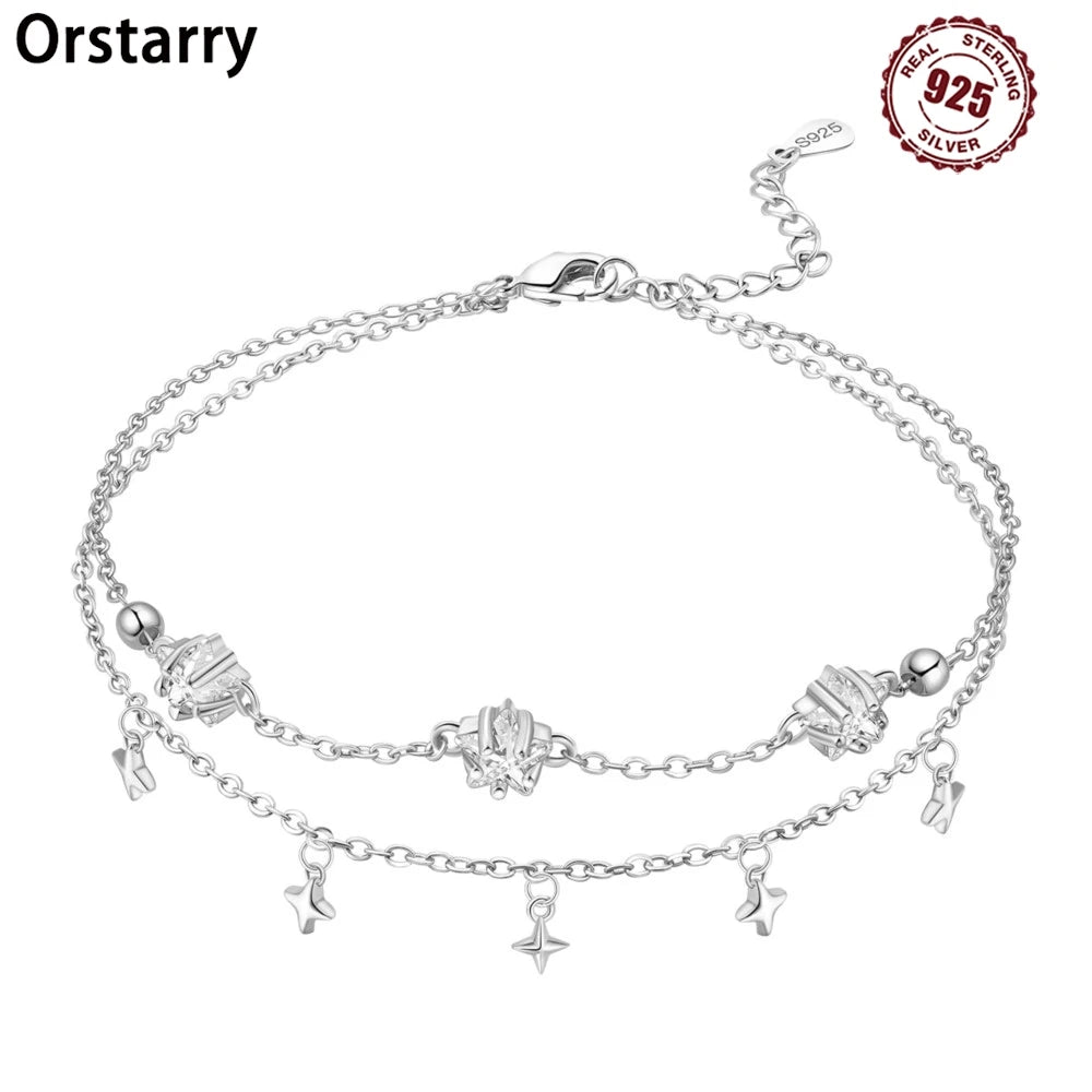 Orstarry S925 Sterling Silver Summer Double Star Shaped Chain Anklets Women Lady Ankle Bracelet Prom Foot Party Jewelry Gifts