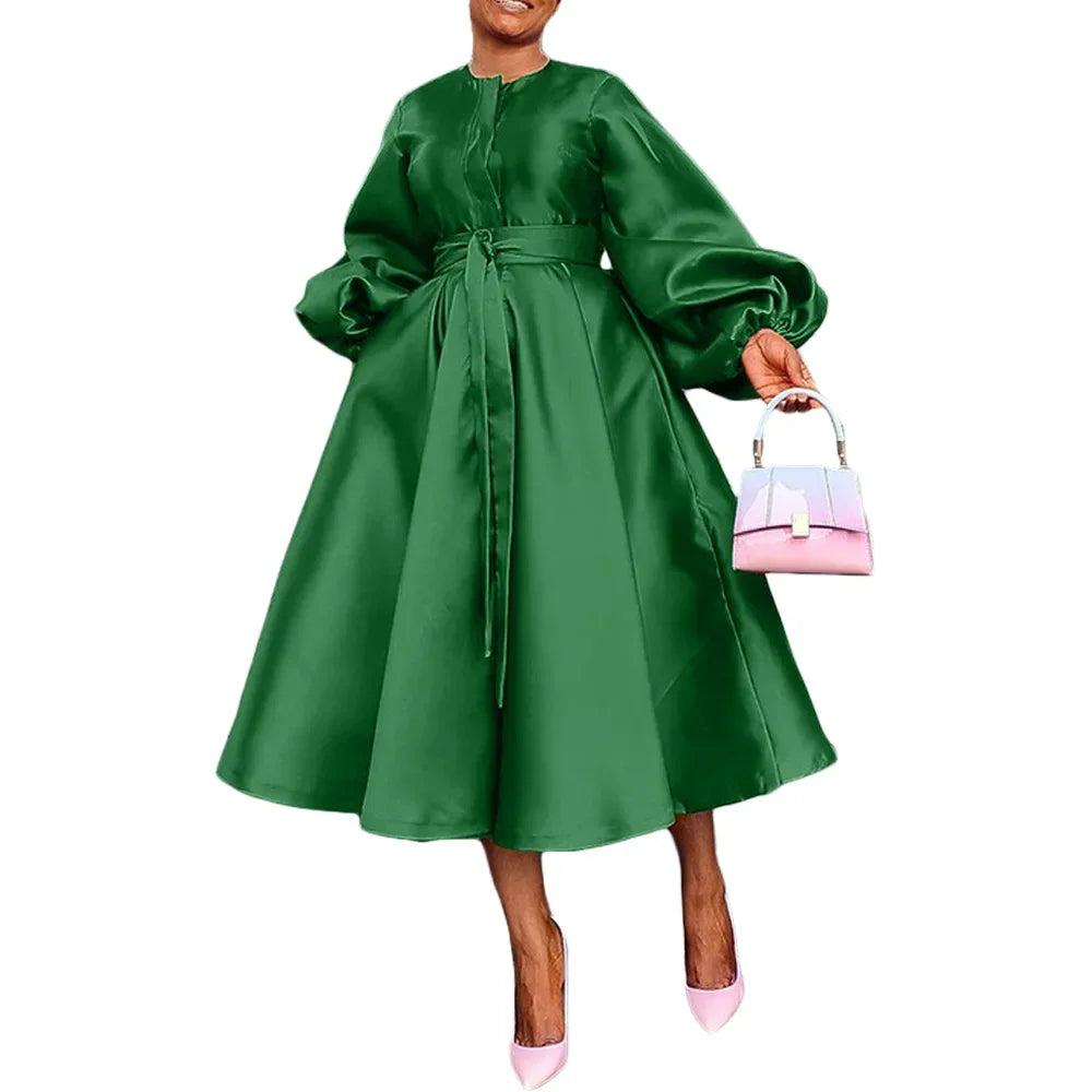 Satin Puff Sleeve Evening Dress for Women Pleated A-Line Round Neck Elegant Party Club Casual Solid Midi Dress with Belt 2025