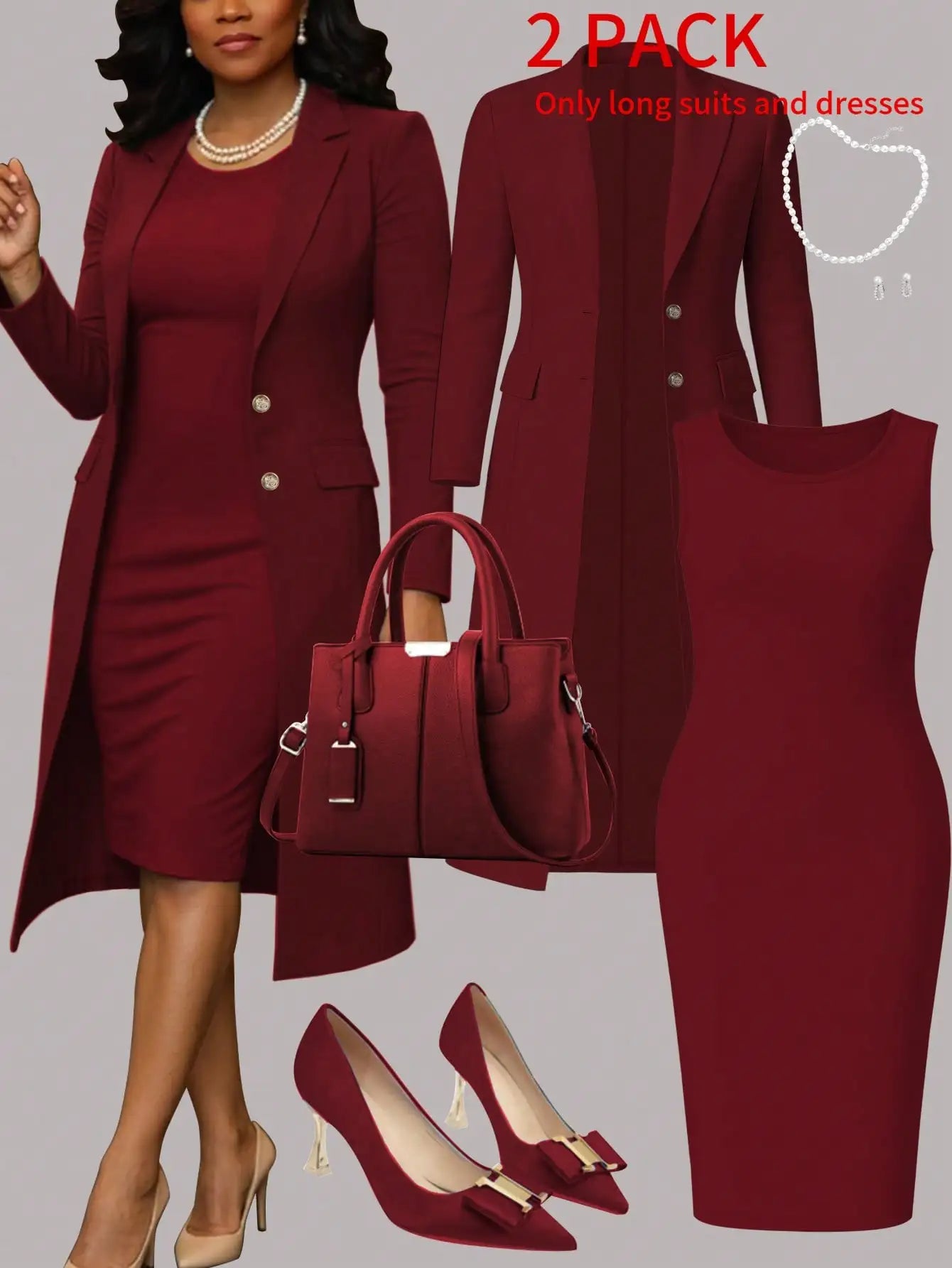 Women's Elegant 2-Piece Set Solid Color Long Sleeve Blazer Jacket And Sleeveless Midi Dress