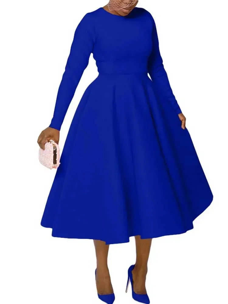 A Line High Waisted Dress Zipper  in Back Women Long Sleeve Autumn Casual Dress Elegant Office Work Lady Dress Solid Color 2025