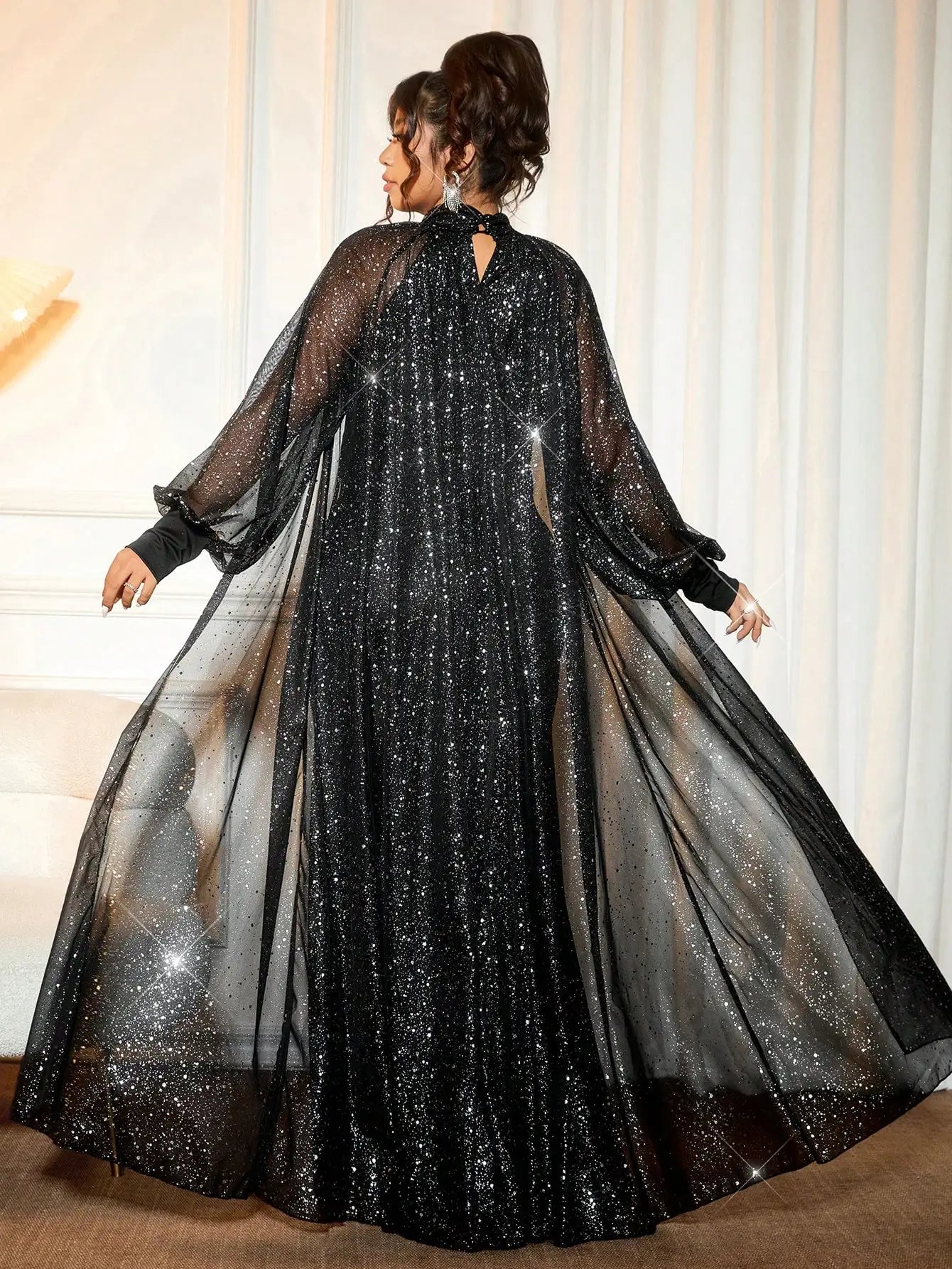Black Plus Size Evening Dress With Sparkly Cape Sleeve Floor Length Elegant Party Gown