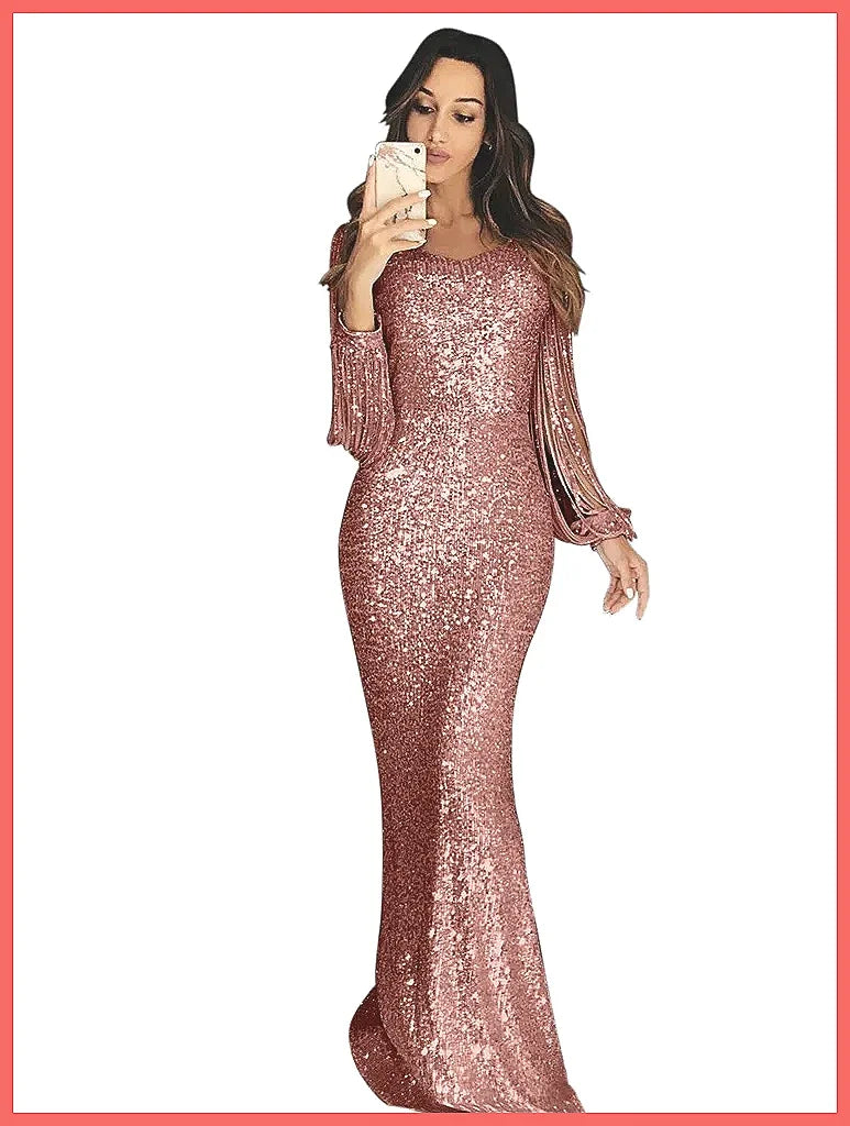 Elegant Women's Evening Gown with Sequin & Tassel, Lantern Sleeve Dinner Party Dress for Autumn Winter