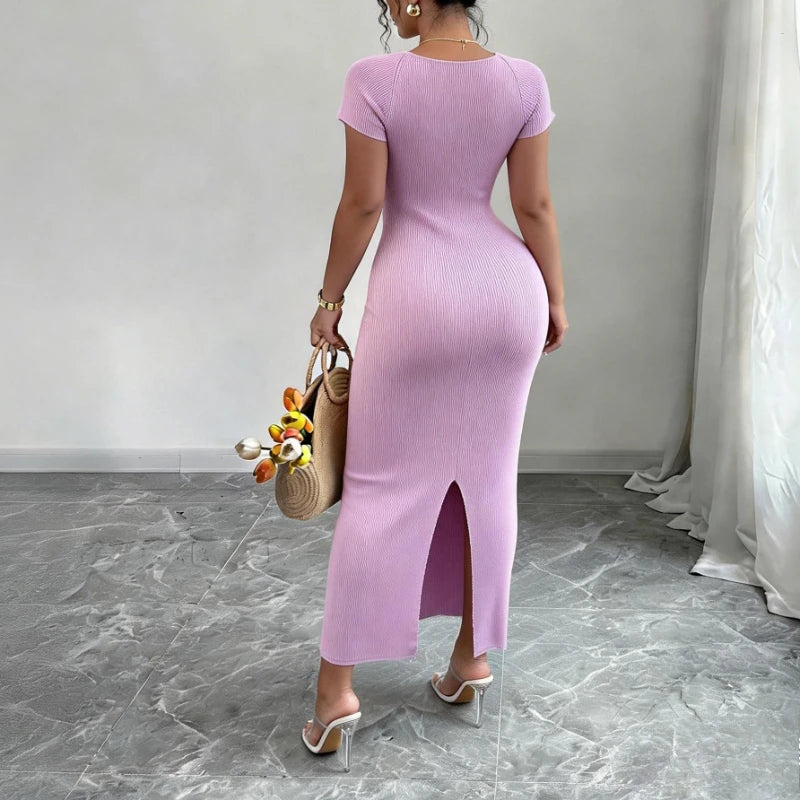 Women's Purple Sweetheart Neck Short Sleeve Stretchy Ribbed Knit Bodycon Midi Dress Summer Beach Vacation Party Long Dress