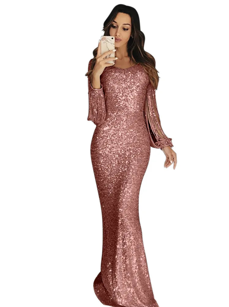 Elegant Women's Evening Gown with Sequin & Tassel, Lantern Sleeve Dinner Party Dress for Autumn Winter
