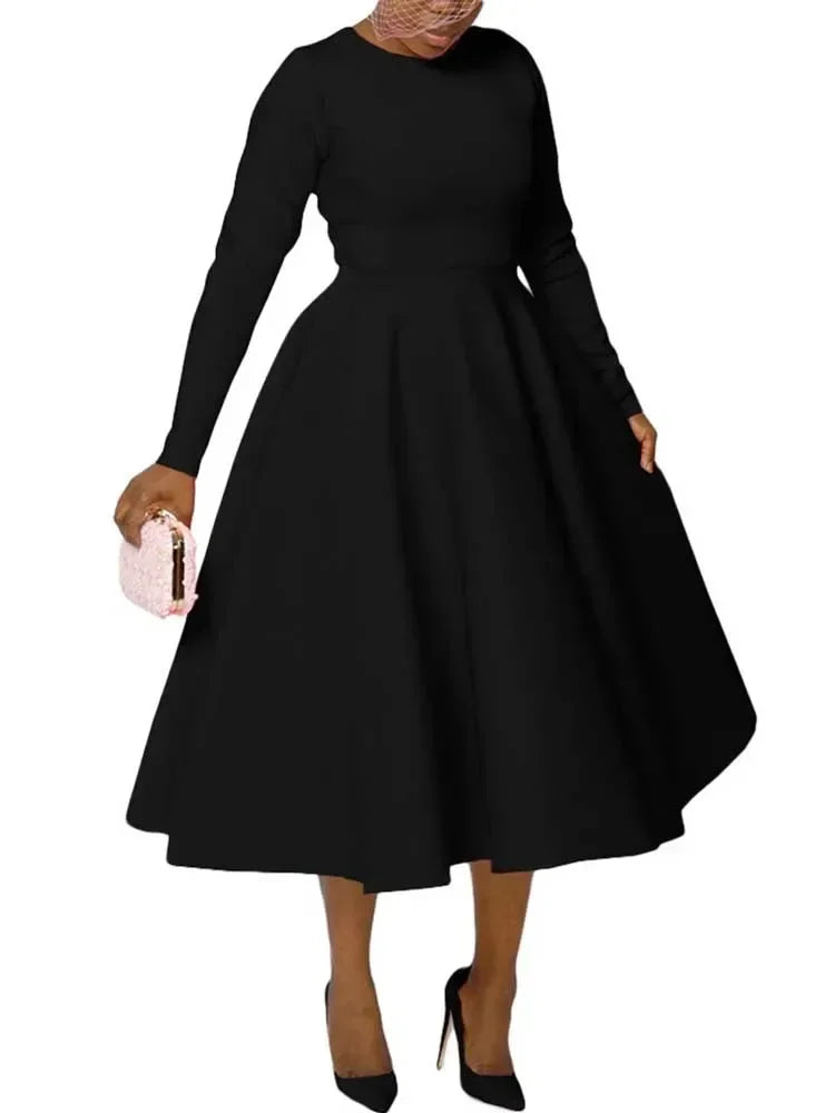 A Line High Waisted Dress Zipper  in Back Women Long Sleeve Autumn Casual Dress Elegant Office Work Lady Dress Solid Color 2025