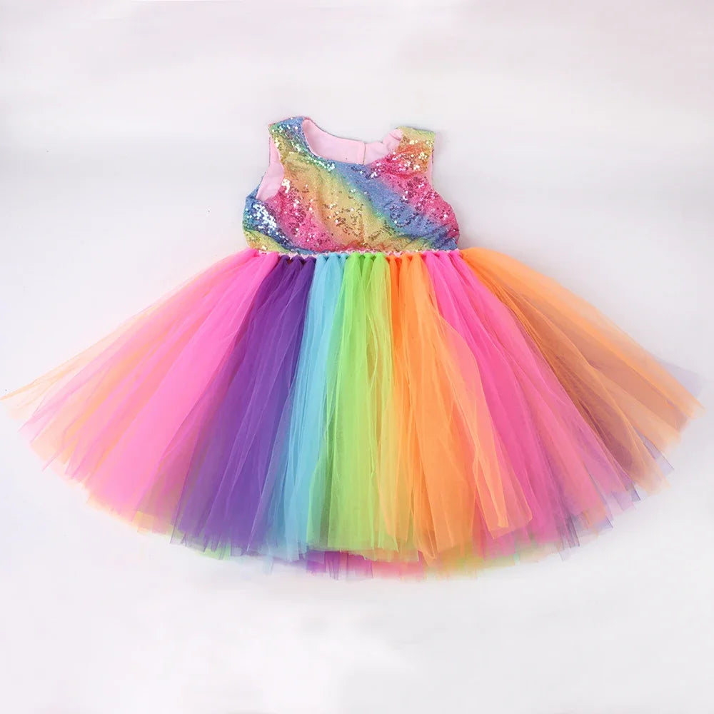 Rainbow Sequins Princess Dress for Girls Sleeveless Backless Party Evening Tutu Dresses Kids Clothes Vestido Children's Clothing