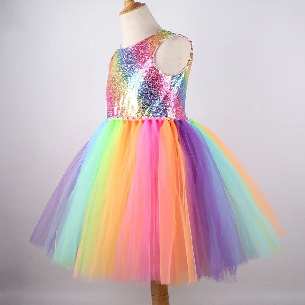 Rainbow Sequins Princess Dress for Girls Sleeveless Backless Party Evening Tutu Dresses Kids Clothes Vestido Children's Clothing