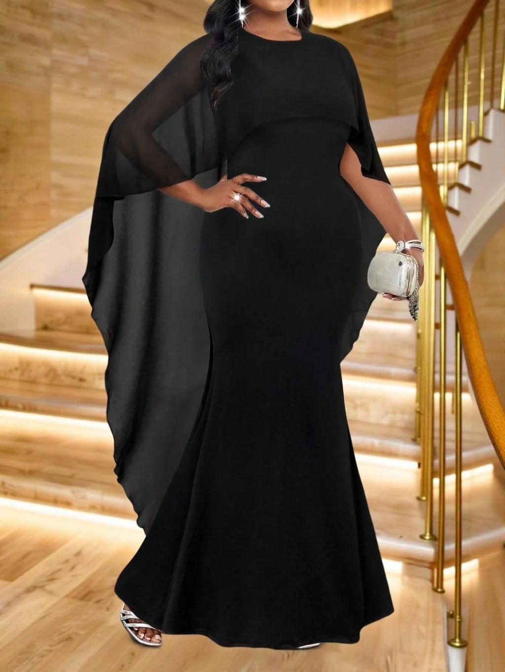 Black Plus Size Evening Dress With Sparkly Cape Sleeve Floor Length Elegant Party Gown