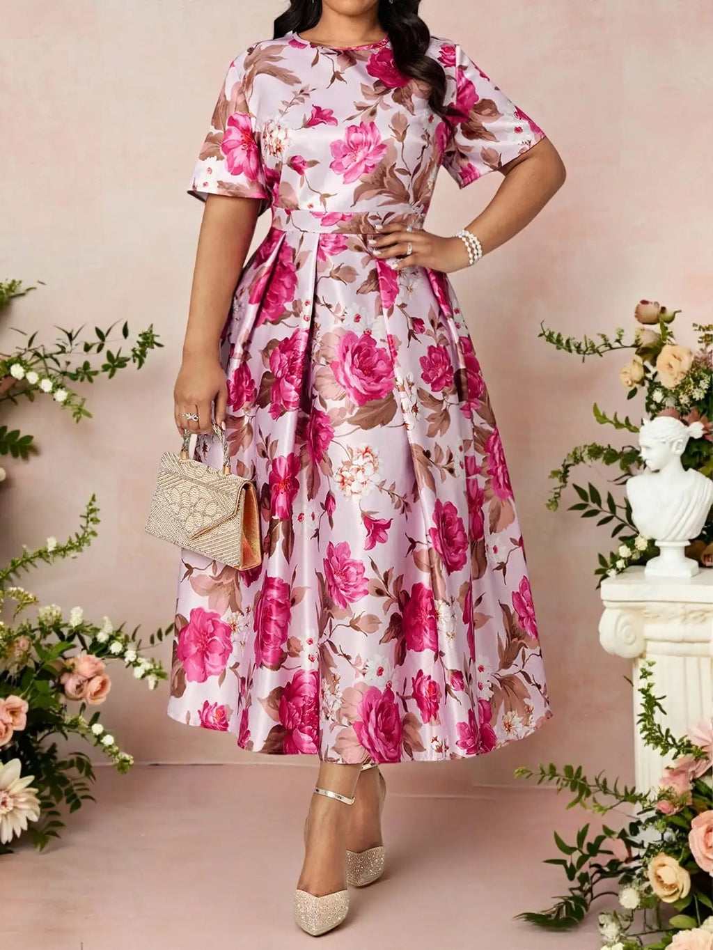 Elegant Floral Print Short Sleeve Pleated A-Line Midi Dress For Women