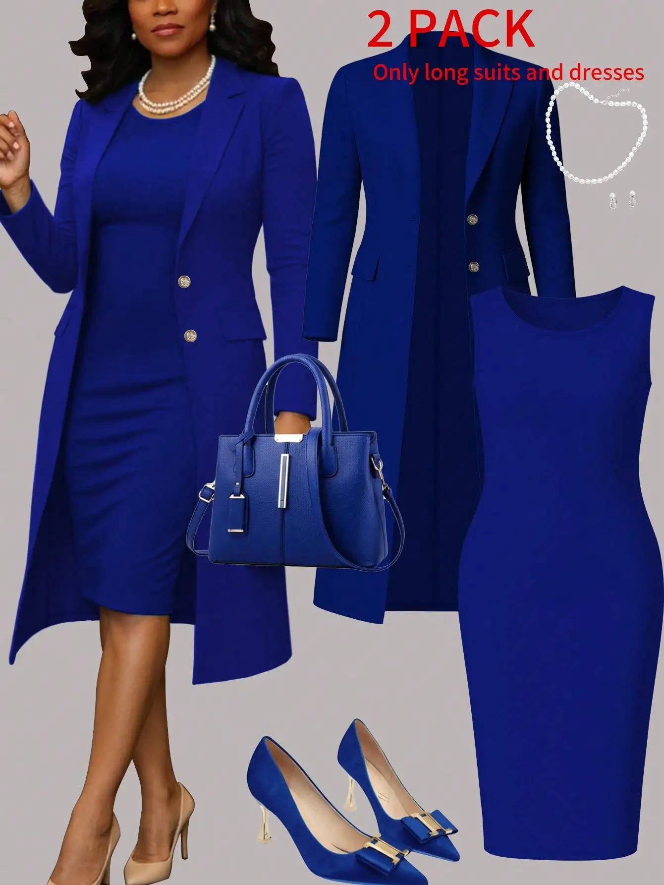 Women's Elegant 2-Piece Set Solid Color Long Sleeve Blazer Jacket And Sleeveless Midi Dress