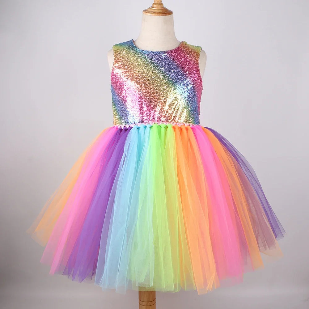 Rainbow Sequins Princess Dress for Girls Sleeveless Backless Party Evening Tutu Dresses Kids Clothes Vestido Children's Clothing
