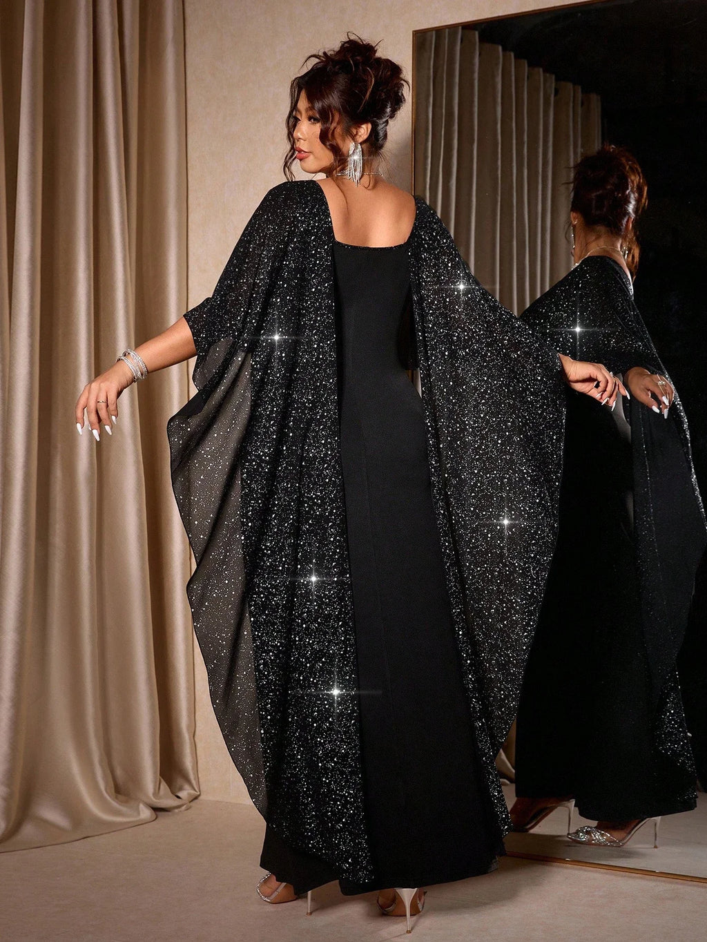 Black Plus Size Evening Dress With Sparkly Cape Sleeve Floor Length Elegant Party Gown