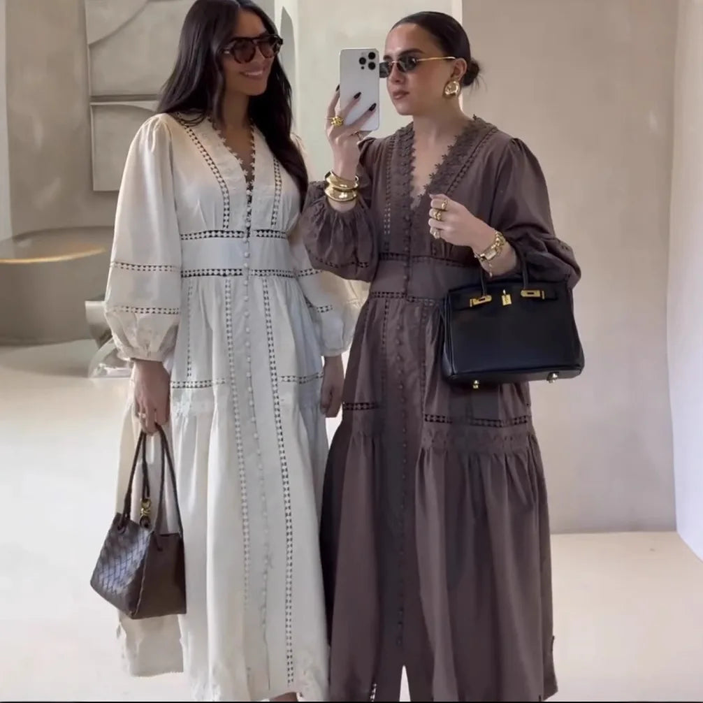Elegant V Neck Lace Hollow Out Maxi Dress Women Puff Sleeve Embroidery Belt A-Line Elegant Spring New Lady Robes Summer 2025
