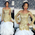 Customized New Arrival Cheap African Arabic Long Sleeves Wedding Dress Mermaid Gold Lace Garden Country Church Bride Bridal Gown