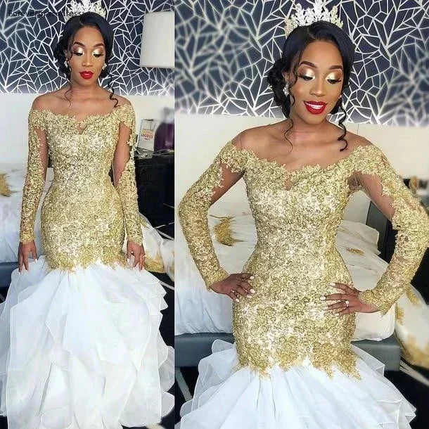Customized New Arrival Cheap African Arabic Long Sleeves Wedding Dress Mermaid Gold Lace Garden Country Church Bride Bridal Gown