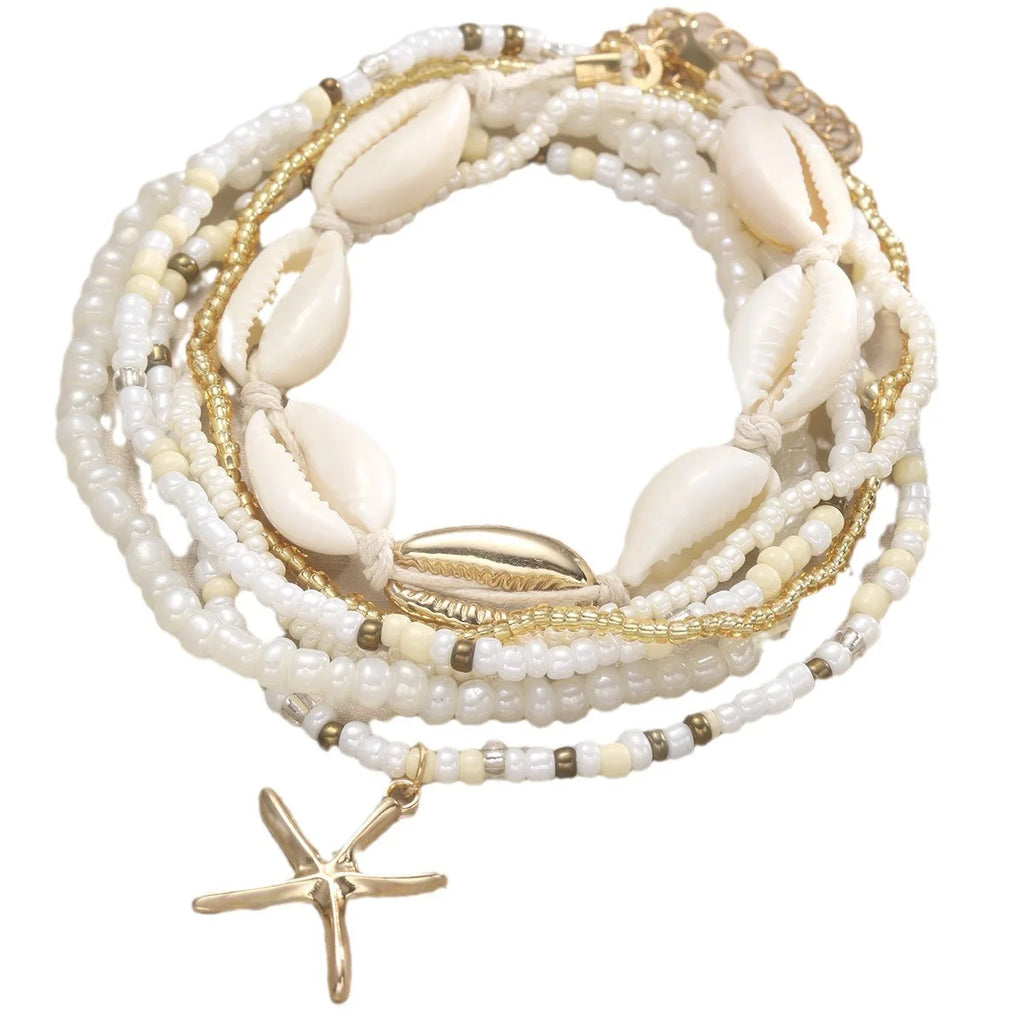 7pc/set Bohemian Rice Beads Starfish Pendant Anklet Set Fashion Summer Beach Sea Shell Multilayer Ankle Bracelet On Foot Jewelry