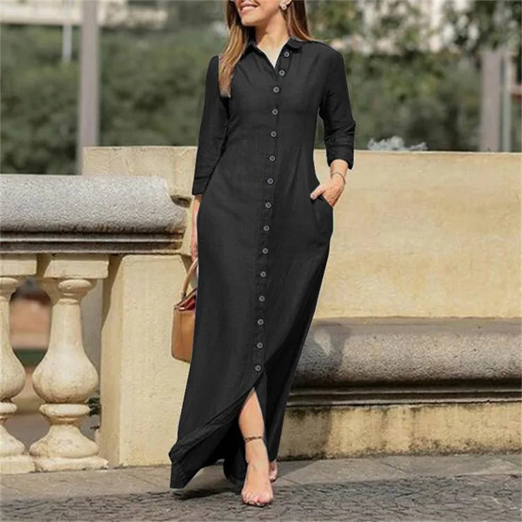 2025 Spring Elegant Women's Denim Dress New Casual Long Sleeve Buttons Shirt Maxi Dresses For Women Robe Femal Office Clothing