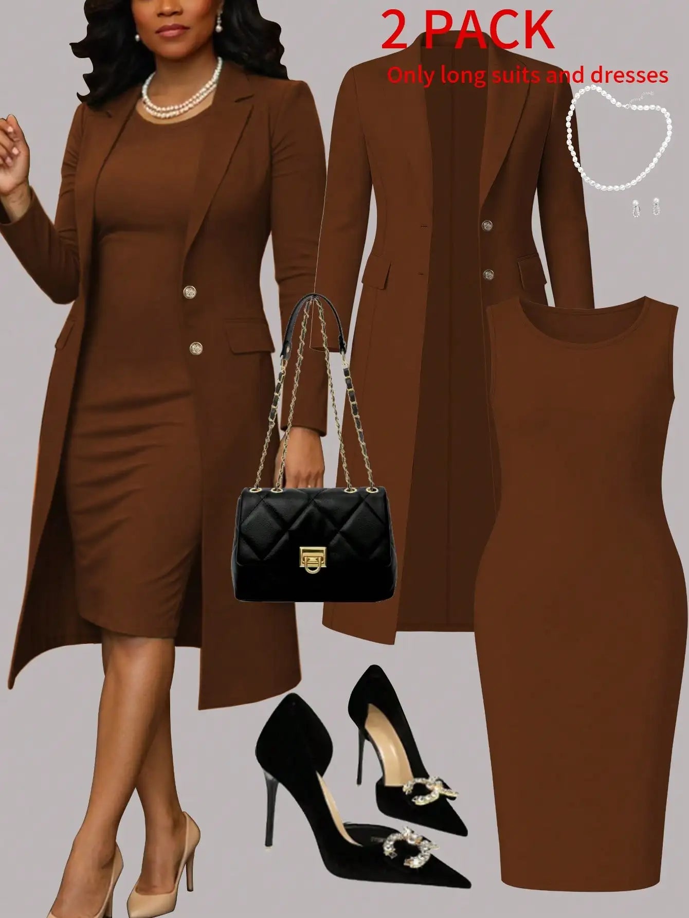 Women's Elegant 2-Piece Set Solid Color Long Sleeve Blazer Jacket And Sleeveless Midi Dress