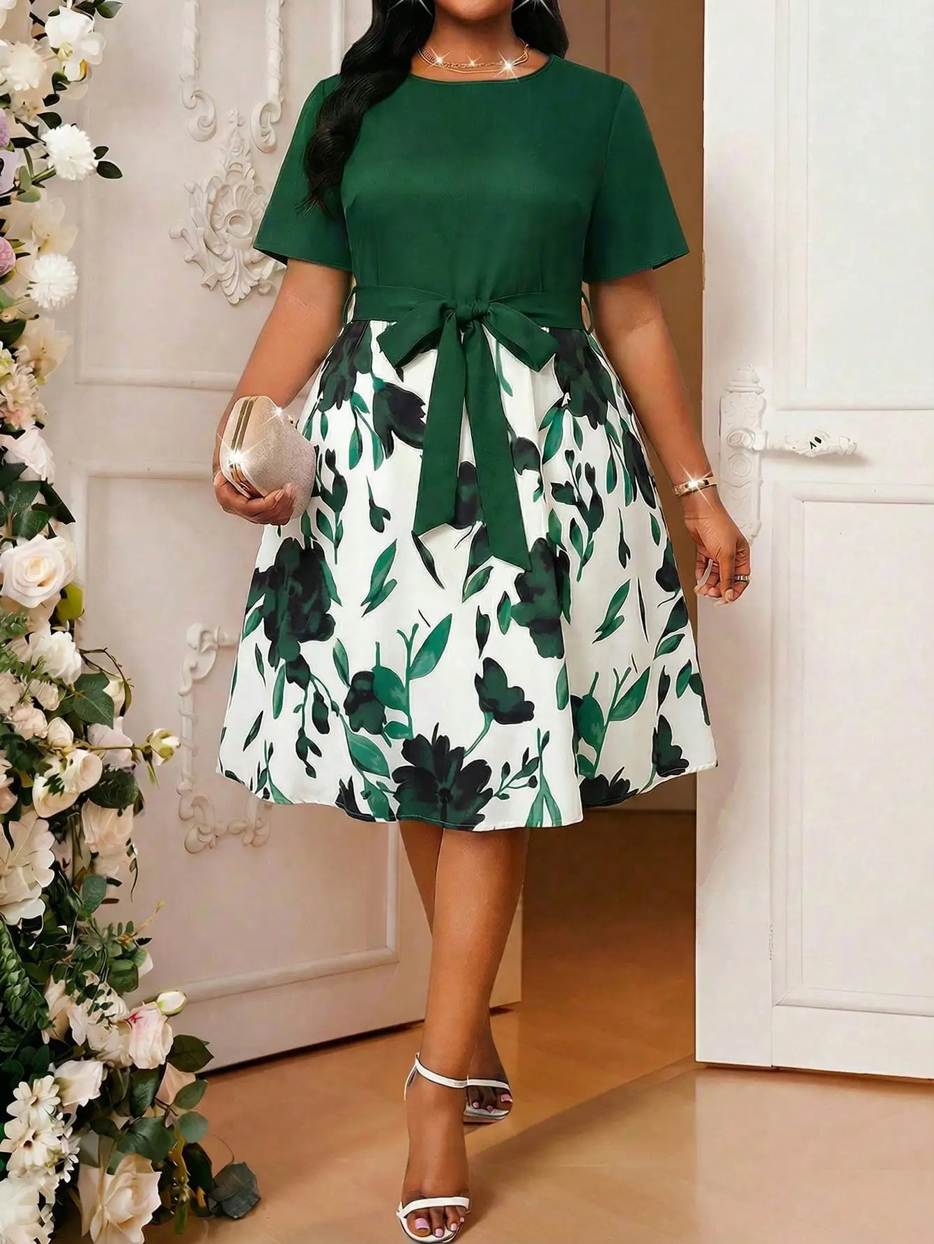 Elegant Floral Print Flared Midi Dress With Belt Short Sleeve Round Neck For Women