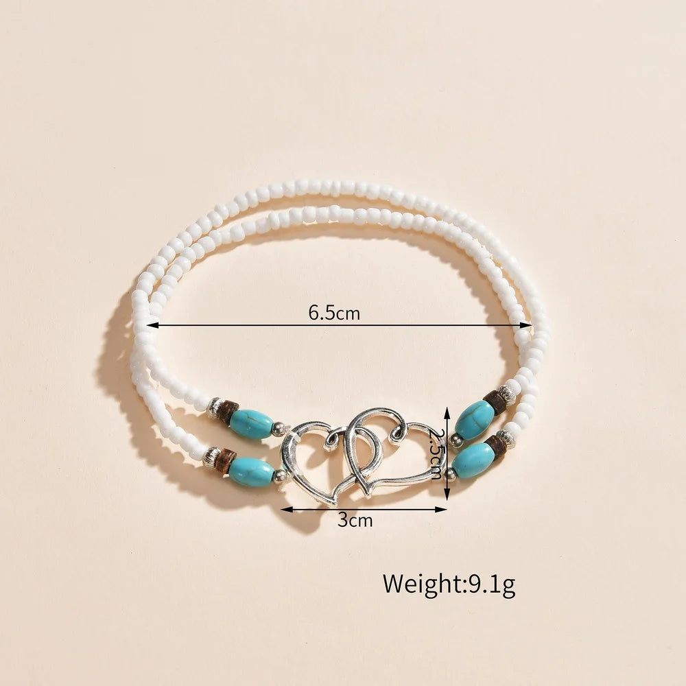 Bohemia Layered Beaded Anklet For Women Hollow Double Heart Charm Ankle Bracelet Summer Beach Vacation Foot Jewelry Gift