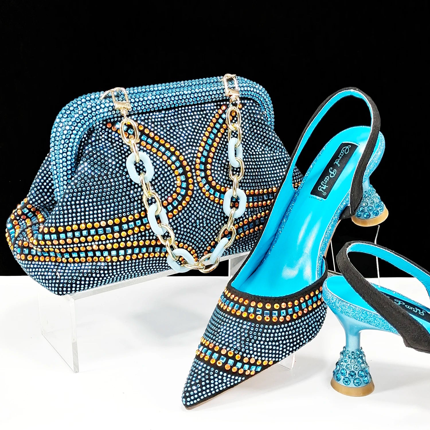QSGFC New Designer Specials Italian Women Heels Shoes and Bag Set  Royal Green Color Comfortable With Rhinestone for Party
