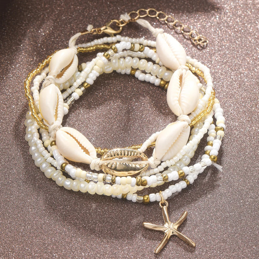7pc/set Bohemian Rice Beads Starfish Pendant Anklet Set Fashion Summer Beach Sea Shell Multilayer Ankle Bracelet On Foot Jewelry