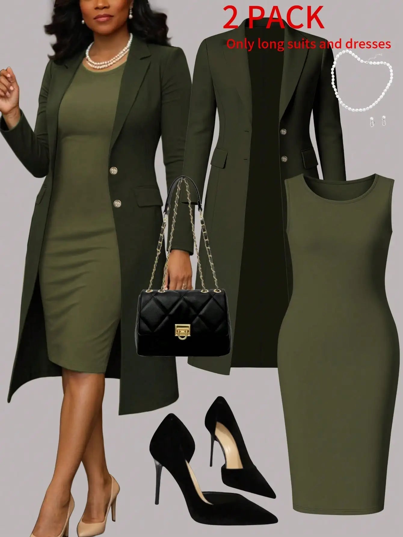 Women's Elegant 2-Piece Set Solid Color Long Sleeve Blazer Jacket And Sleeveless Midi Dress