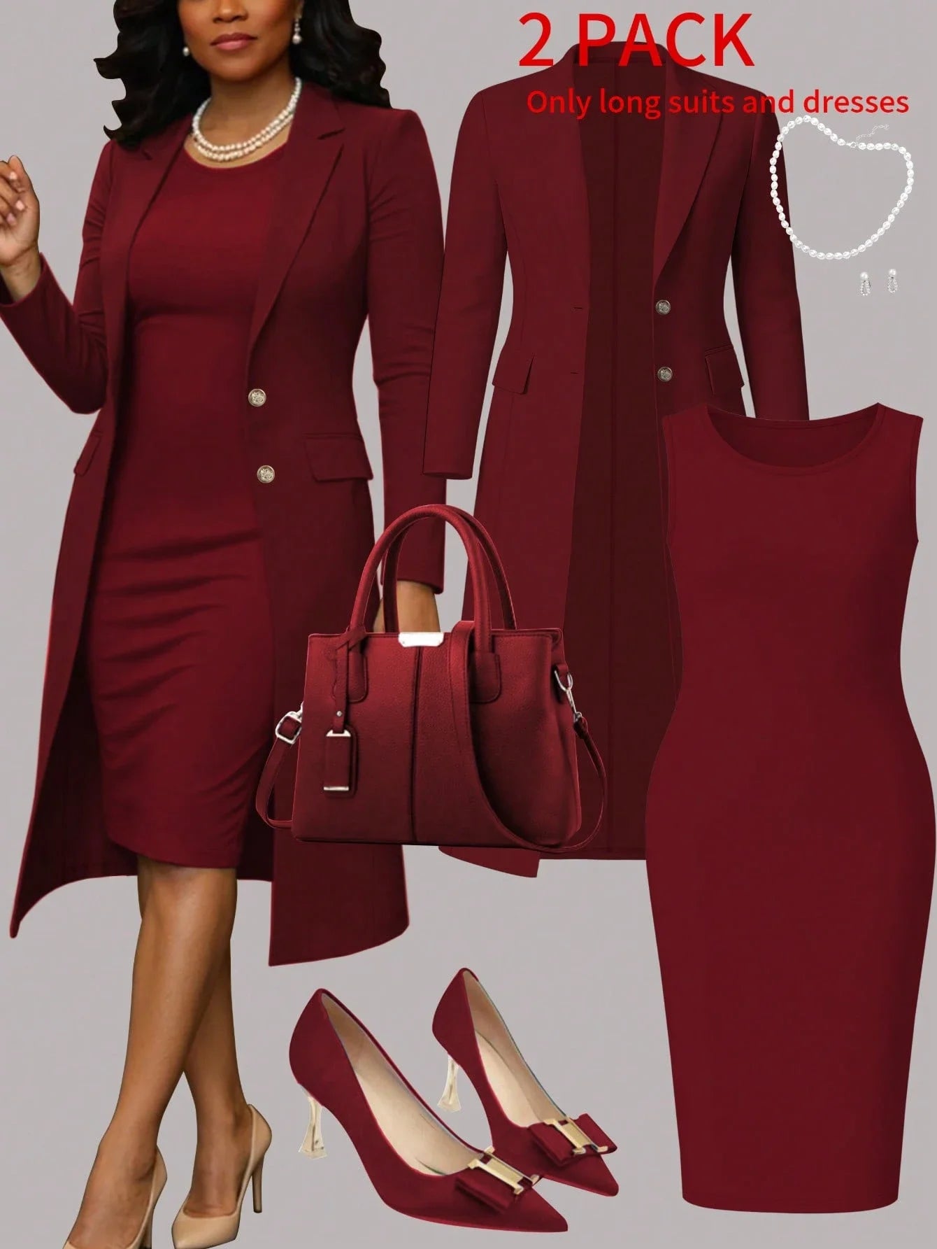 Women's Elegant 2-Piece Set Solid Color Long Sleeve Blazer Jacket And Sleeveless Midi Dress