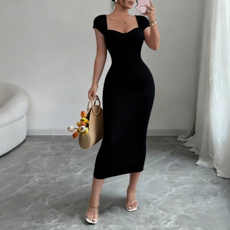 Women's Purple Sweetheart Neck Short Sleeve Stretchy Ribbed Knit Bodycon Midi Dress Summer Beach Vacation Party Long Dress