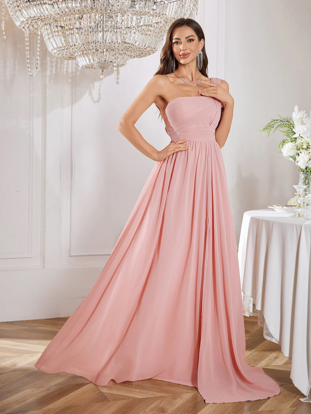 UNITHORSE Elegant One-Shoulder Backless Maids Dress Pure Color Chiffon Gathered Waist High Slit Floor-Length Evening Gown