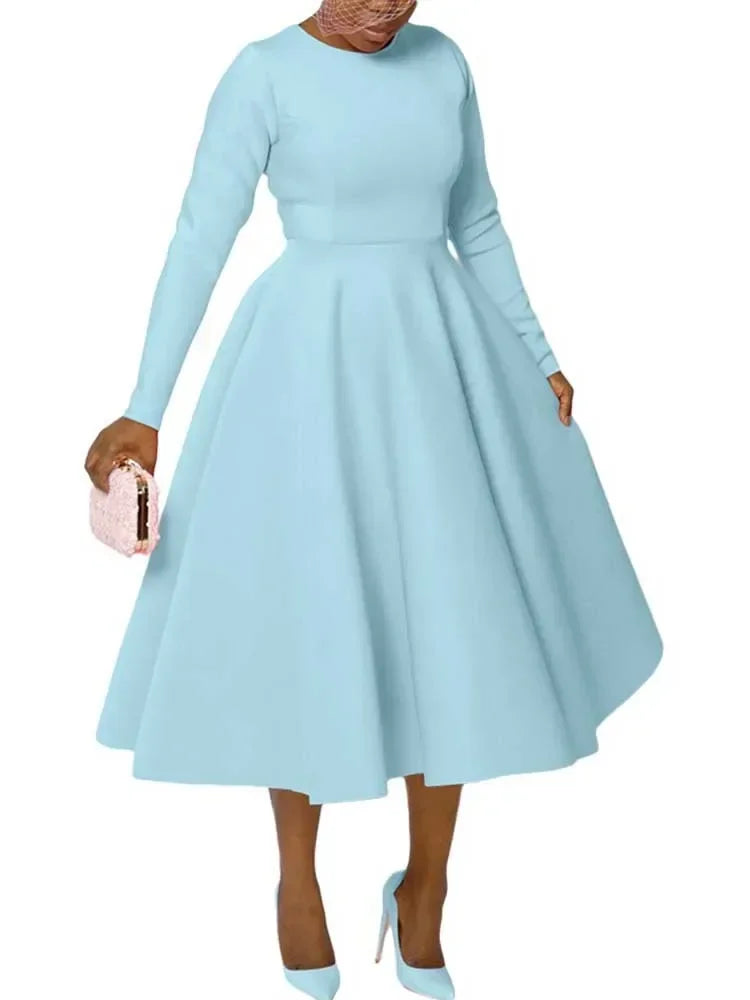 A Line High Waisted Dress Zipper  in Back Women Long Sleeve Autumn Casual Dress Elegant Office Work Lady Dress Solid Color 2025