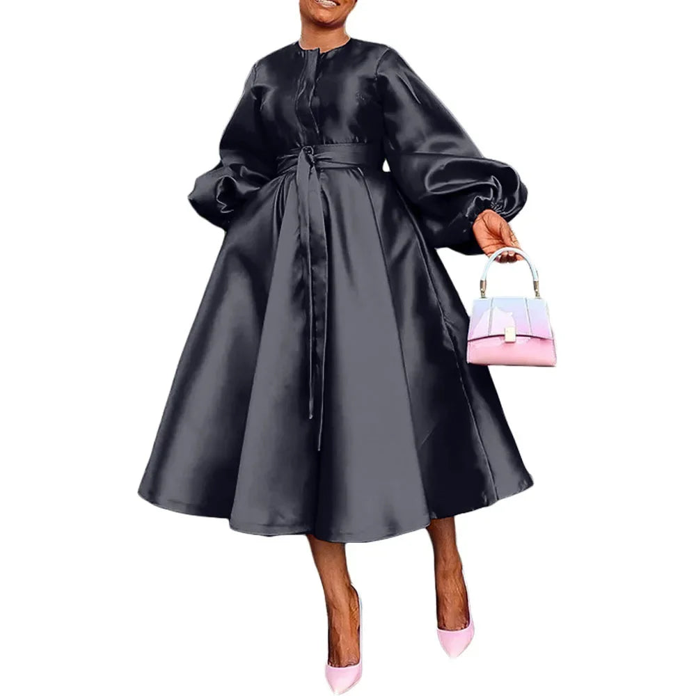 Satin Puff Sleeve Evening Dress for Women Pleated A-Line Round Neck Elegant Party Club Casual Solid Midi Dress with Belt 2025