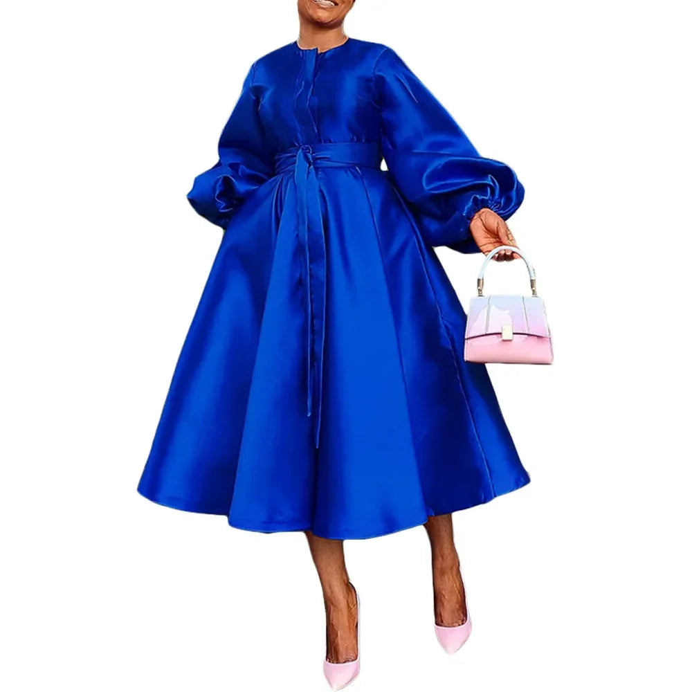 Satin Puff Sleeve Evening Dress for Women Pleated A-Line Round Neck Elegant Party Club Casual Solid Midi Dress with Belt 2025